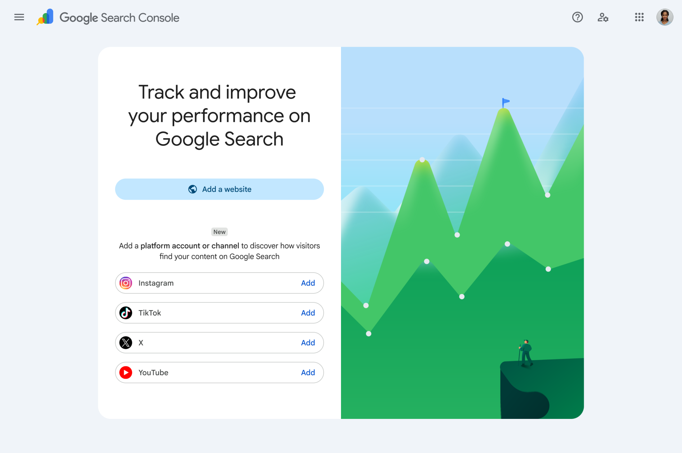 Google Search Console mit neuer Funktion zum Hinzufügen von Instagram-, TikTok-, X- und YouTube-Konten, um deren Performance in der Google-Suche zentral auszuwerten. | SR-STUDIOS