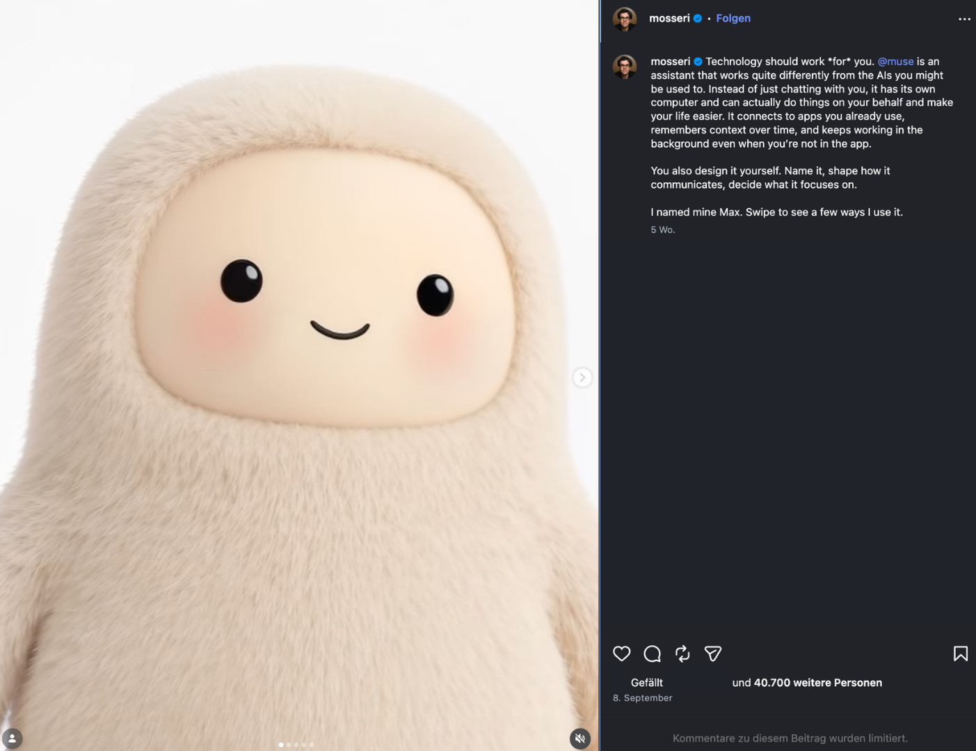 Screenshot eines Instagram-Beitrags von Adam Mosseri (@mosseri), der eine flauschige, cremefarbene KI-Maskottchen-Figur mit kleinen schwarzen Augen, rosigen Wangen und einem freundlichen Lächeln zeigt. Im Text daneben beschreibt er, wie … «@muse» als persönlicher Assistent den Alltag erleichtert und personalisiert werden kann. Ein Chitchat über Meta Muse, Meta AI, Vibes und Meta One von SR-STUDIOS. | SR-STUDIOS