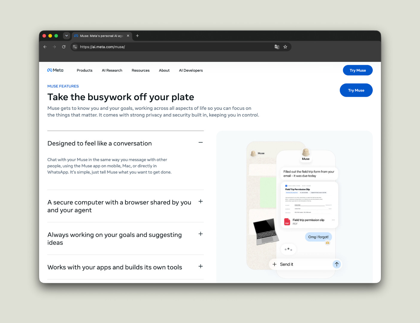 Screenshot der Meta-Website, die die Funktionen von «Muse» unter dem Titel «Take the busywork off your plate» beschreibt. Auf der linken Seite sind Features wie «Designed to feel like a conversation» aufgelistet; rechts ist die Benutzeroberfläche einer Chat-App auf einem Smartphone zu sehen, in der die KI eine Aufgabe (das Ausfüllen einer Erlaubnis für einen Schulausflug) für den Nutzer erledigt hat. Ein Chitchat über Meta Muse, Meta AI, Vibes und Meta One von SR-STUDIOS. | SR-STUDIOS