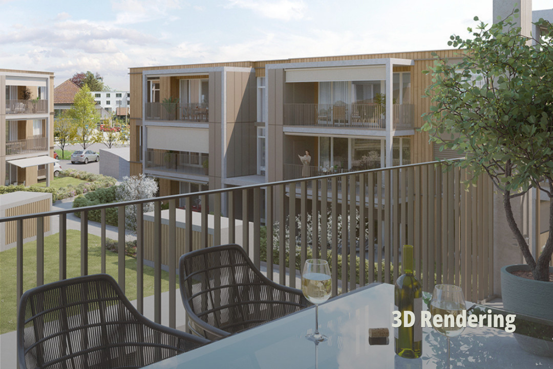 Hochwertiges 3D-Rendering eines modernen Balkons mit Blick auf die gepflegte Wohnsiedlung; Gemütliche Loggia mit Blick auf moderne Architektur; Lebensqualität; Blumenhof Adimmo AG. | SR-STUDIOS