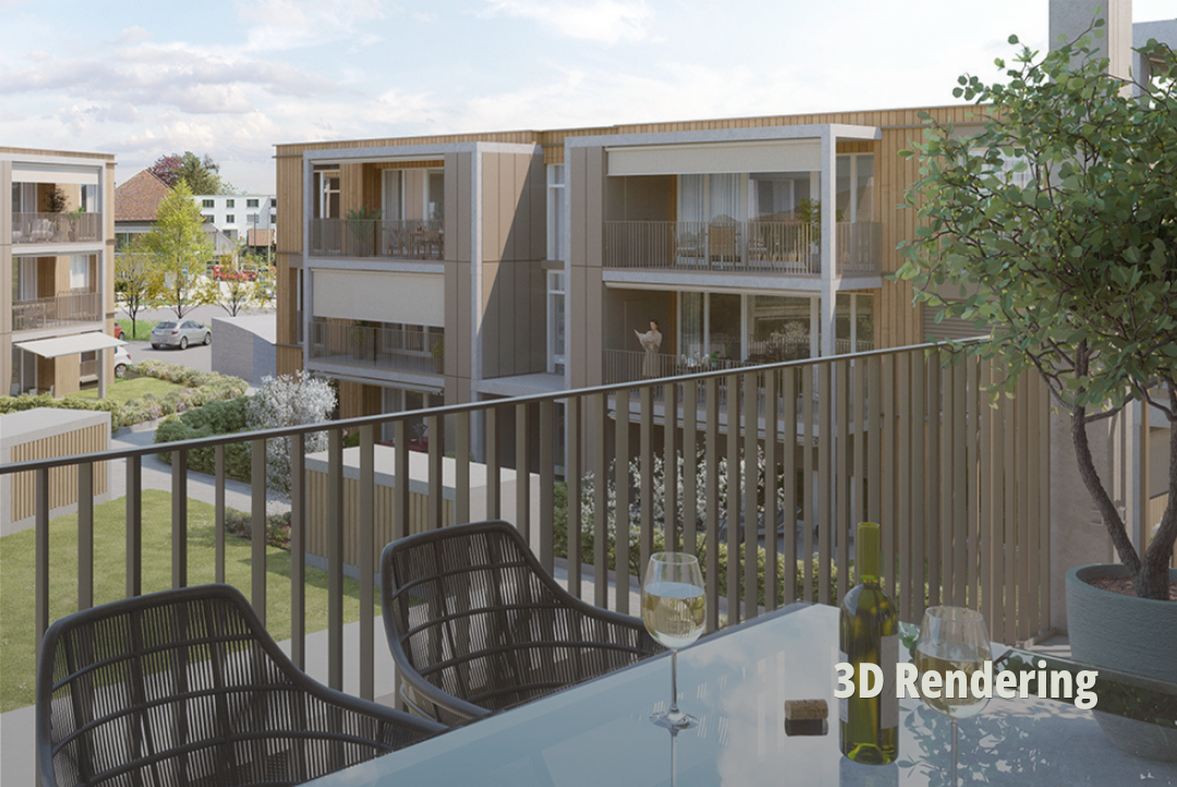 Hochwertiges 3D-Rendering eines modernen Balkons mit Blick auf die gepflegte Wohnsiedlung; Gemütliche Loggia mit Blick auf moderne Architektur; Lebensqualität; Blumenhof Adimmo AG. | SR-STUDIOS