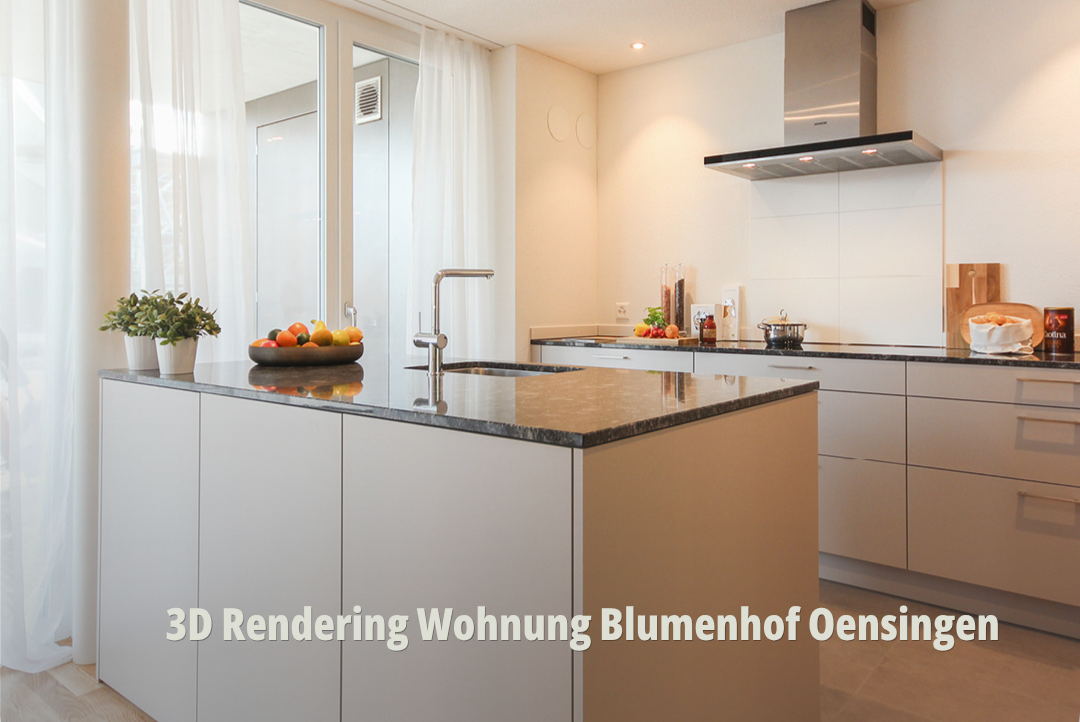 Fotorealistische 3D-Visualisierung einer hellen, modernen Küche mit Kochinsel und minimalistischem Design; Modernes Küchendesign mit Kochinsel in einer lichtdurchfluteten Neubauwohnung; Blumenhof Adimmo AG. | SR-STUDIOS