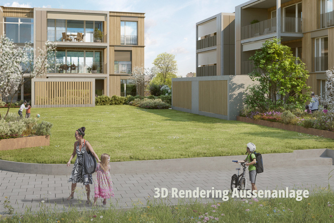 Hochwertige 3D-Visualisierung einer modernen Wohnanlage mit grünem Innenhof; Immobilienmarketing für familienfreundliches Wohnen; Blumenhof Adimmo AG. | SR-STUDIOS