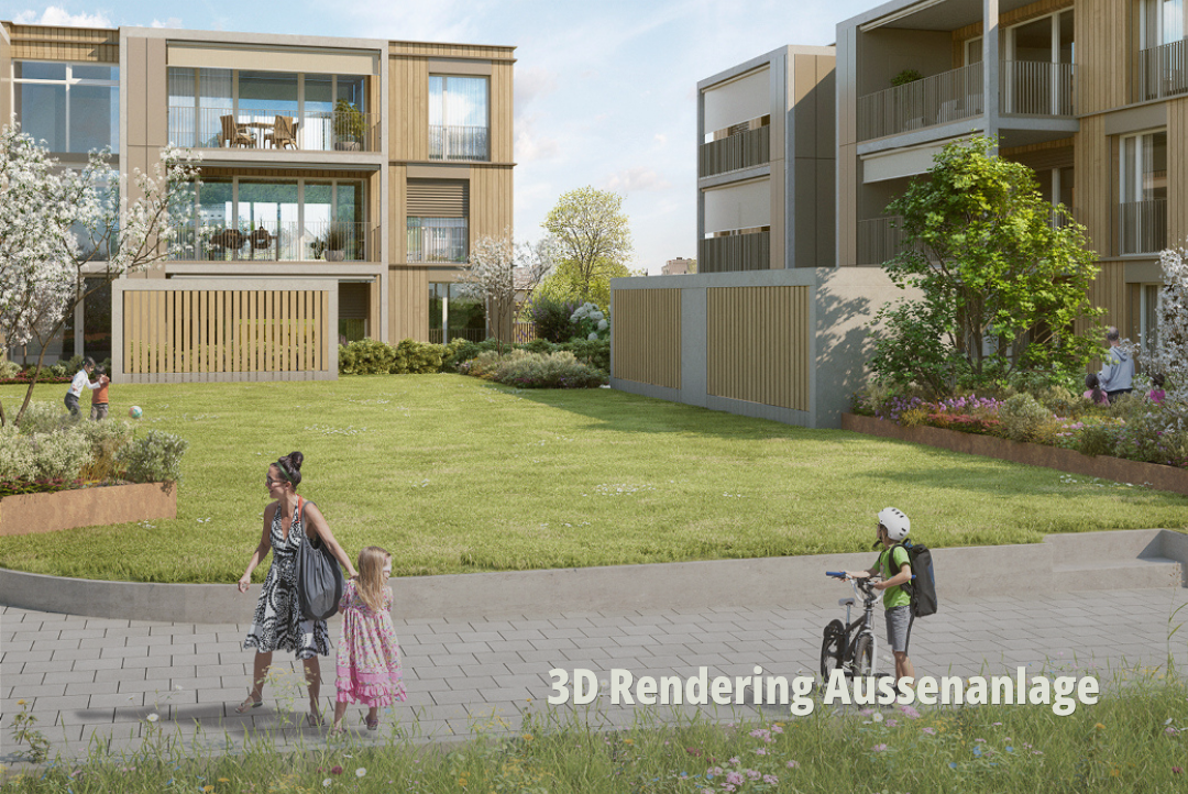 Hochwertige 3D-Visualisierung einer modernen Wohnanlage mit grünem Innenhof; Immobilienmarketing für familienfreundliches Wohnen; Blumenhof Adimmo AG. | SR-STUDIOS