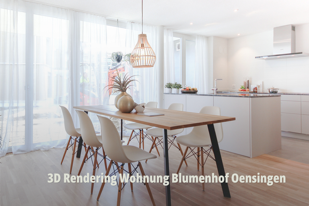 3D-Rendering eines lichtdurchfluteten Essbereichs mit skandinavischen Designermöbeln und offener Raumgestaltung; Skandinavisches Interior Design; Offener Essbereich mit Blick; Blumenhof Adimmo AG. | SR-STUDIOS