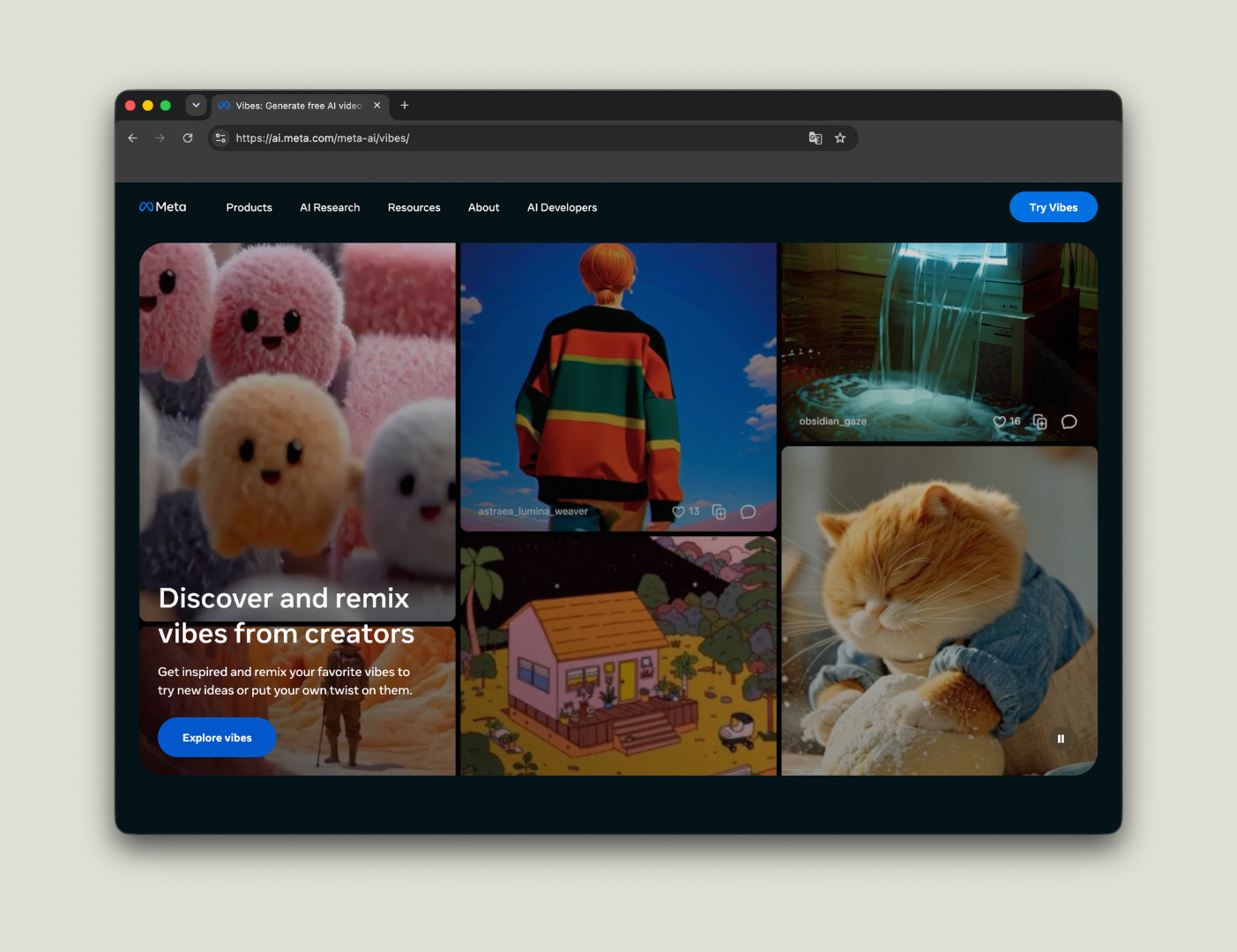 Screenshot der Meta-Vibes-Website mit dem Slogan «Discover and remix vibes from creators» vor einem dunklen Hintergrund. Zu sehen sind bunte Kacheln mit kreativen Inhalten, darunter flauschige, animierte Plüschfiguren, eine Person in farbenfroher Kleidung von hinten, eine Illustration eines Hauses im Wald, ein Wasserfall, der aus einem Monitor strömt, und eine schlafende, angezogene Katze. Ein Chitchat über Meta Muse, Meta AI, Vibes und Meta One von SR-STUDIOS. | SR-STUDIOS