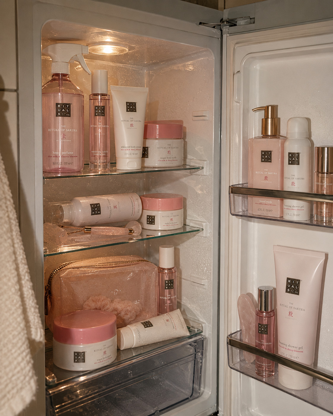 «Eine Chitchat Success Story über Rituals von SR-STUDIOS»: Die geöffnete Tür eines Mini-Kühlschranks offenbart eine Vielzahl an Rituals-Produkten der Sakura-Linie aus der SR-STUDIOS Content-Produktion für Chitchat. Neben Duschschaum, Körpercreme und Körperspray sind auch ein Rosenquarz-Roller und ein Guasha-Stein kühl gelagert. | SR-STUDIOS