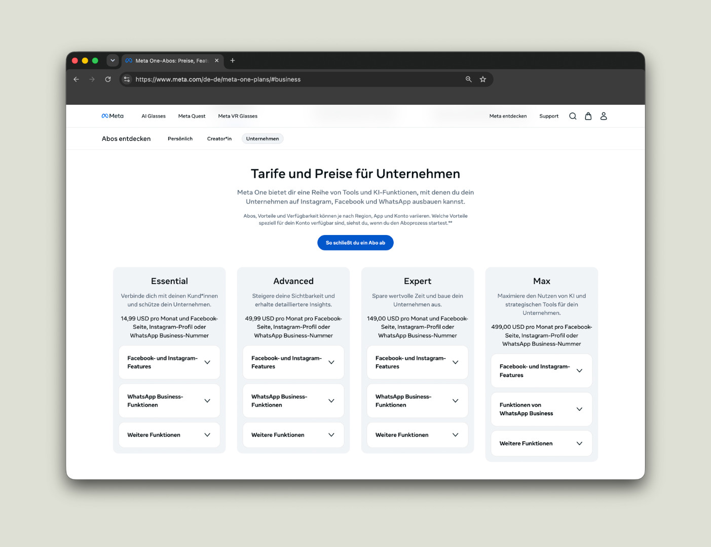 Screenshot der Preisseite auf der Meta-Website mit dem Titel «Tarife und Preise für Unternehmen» für Meta One. Zu sehen sind vier Angebotskarten im Vergleich: «Essential» für 14,99 USD/Monat, «Advanced» für 49,99 USD/Monat, «Expert» für 149,00 USD/Monat und «Max» für 499,00 USD/Monat, jeweils mit ausklappbaren Details zu Facebook-, Instagram- und WhatsApp-Business-Features. Ein Chitchat über Meta Muse, Meta AI, Vibes und Meta One von SR-STUDIOS. | SR-STUDIOS
