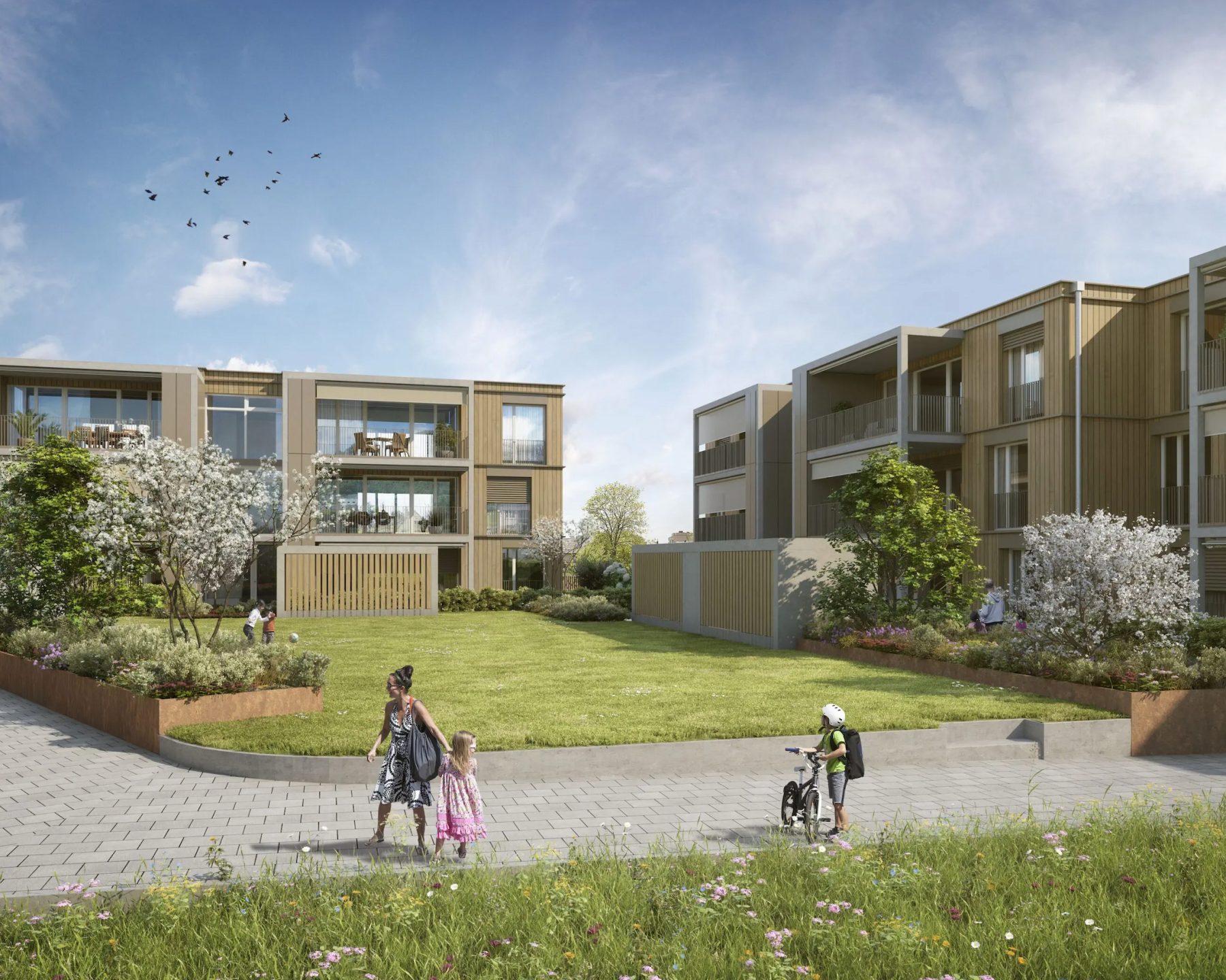 Weitwinkel-Visualisierung; Hochwertige 3D-Visualisierung einer modernen Wohnanlage mit grünem Innenhof; Immobilienmarketing für familienfreundliches Wohnen; Blumenhof Adimmo AG. | SR-STUDIOS