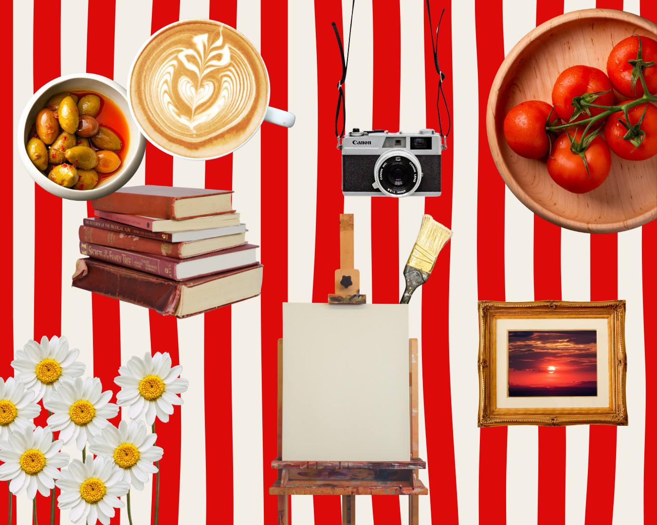 Rot-weiss gestreiftes Moodboard mit Kaffee, Kamera, Büchern. Oliven, Tomaten und Gänseblümchen. | SR-STUDIOS
