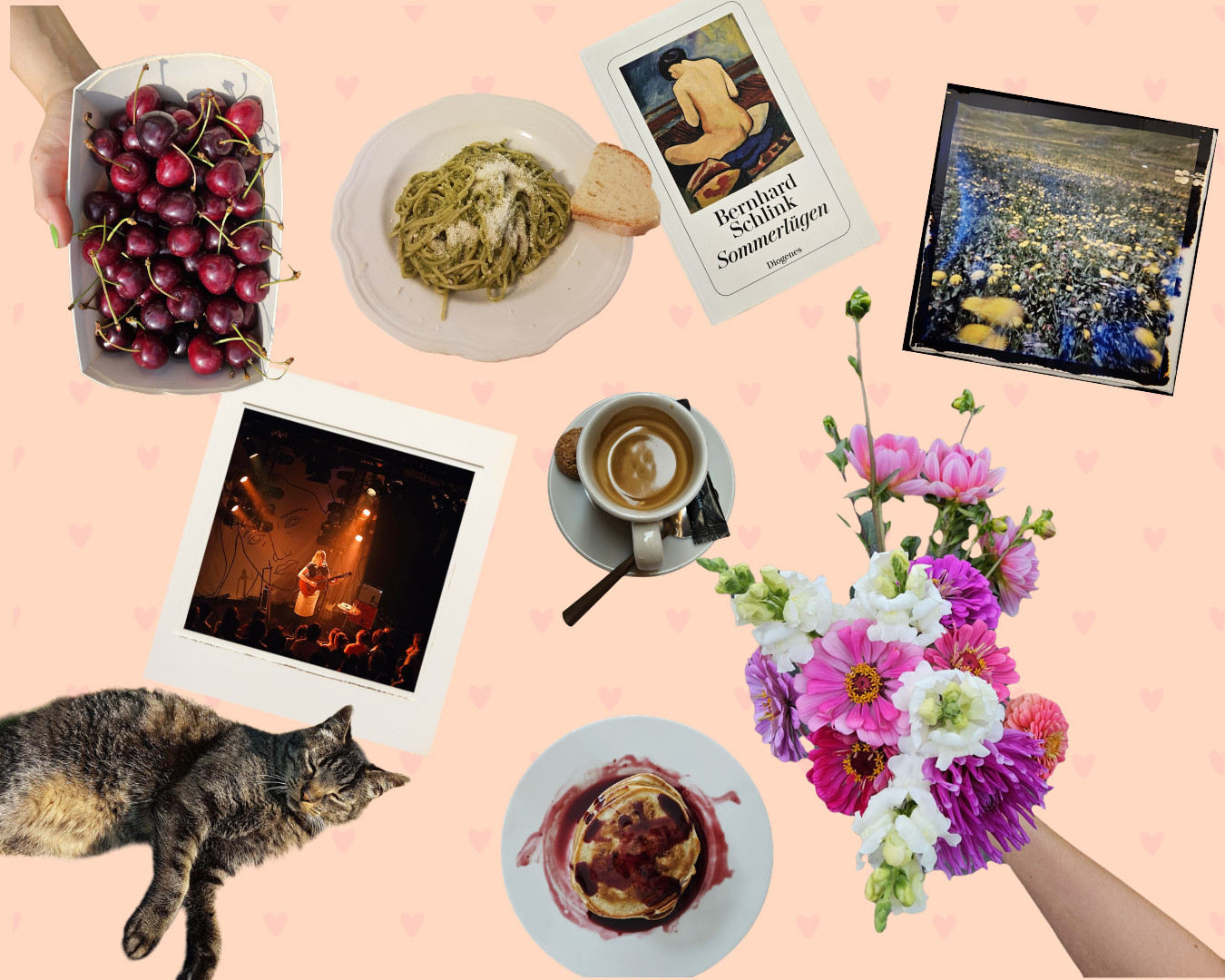 Moodboard mit pinkem Hintergrund mit Herzen, Büchern, Kaffee, Blumen und Essen. | SR-STUDIOS