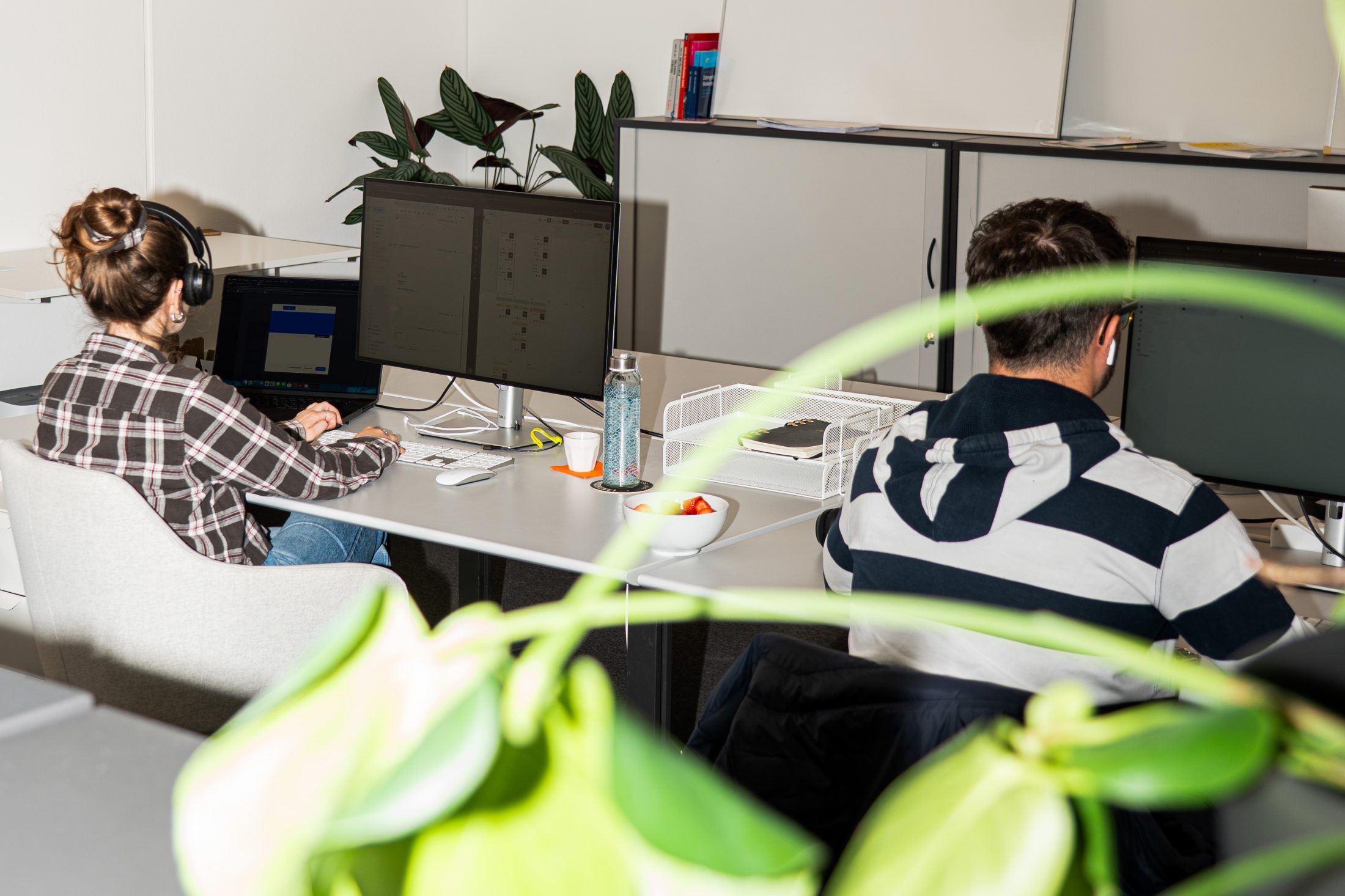 Zwei Personen, eine Frau und ein Mann, sitzen arbeitend mit Kopfhörern am Schreibtisch in einem Marketing-Büro mit Pflanzen. | SR-STUDIOS