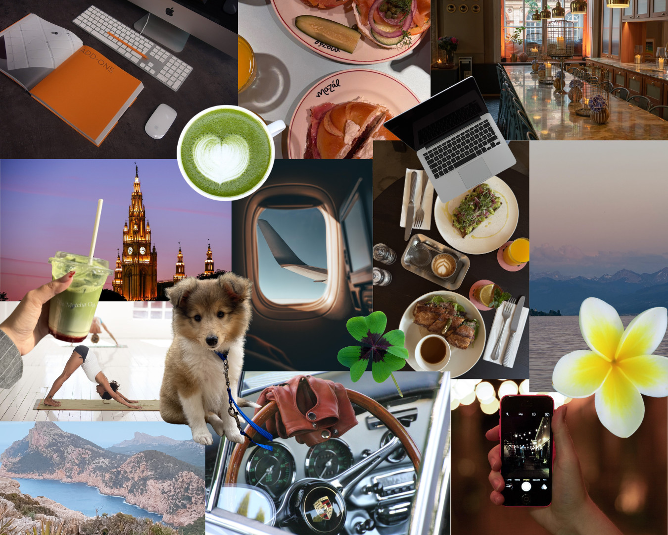 Foto Moodboard mit Laptop, Hund, Blumen, Matcha und Yoga inklusive Flugzeug und Reisen. | SR-STUDIOS