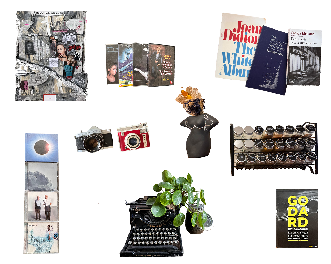 Moodboard mit Büchern, Schreibmaschine, Kameras, Gewürzen und Pflanzen. | SR-STUDIOS