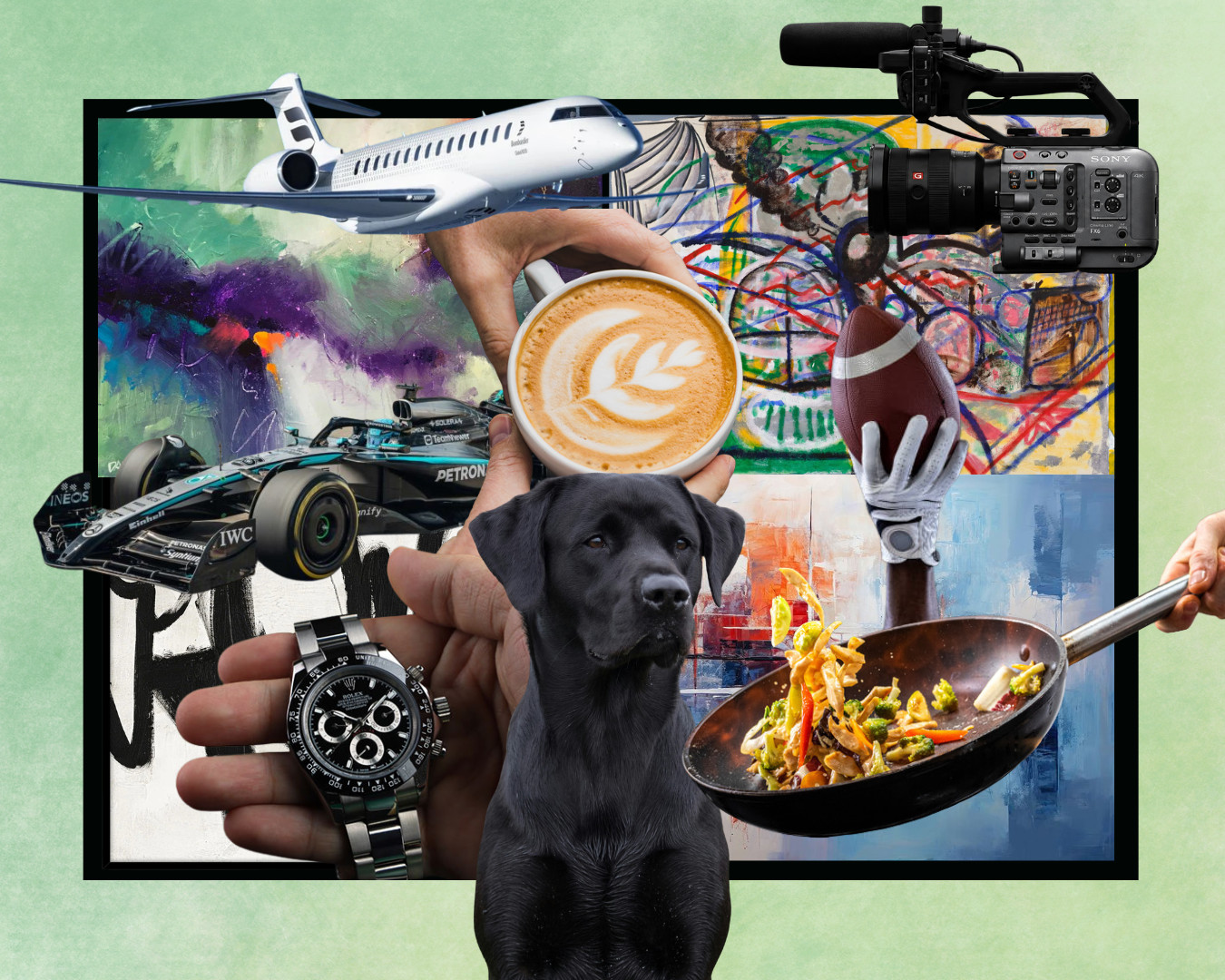 Buntes Moodboard mit grünem Hintergrund. Content Creation, Reisen, Kunst. Employer Branding für SR-STUDIOS. | SR-STUDIOS