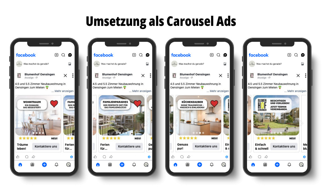 Darstellung einer Werbeanzeige in der Umsetzung als Carousel Ad für den Blumenhof Oensingen durch SR-STUDIOS auf Meta (Facebook und Instagram); Adimmo AG. | SR-STUDIOS
